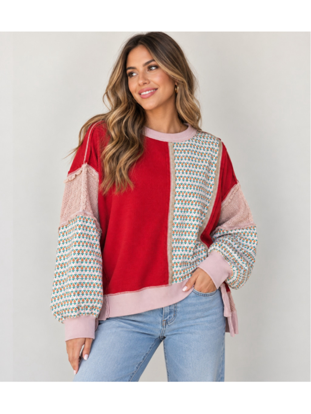 POL Mixed Harmony Patchwork Top Boho Oversized Size L